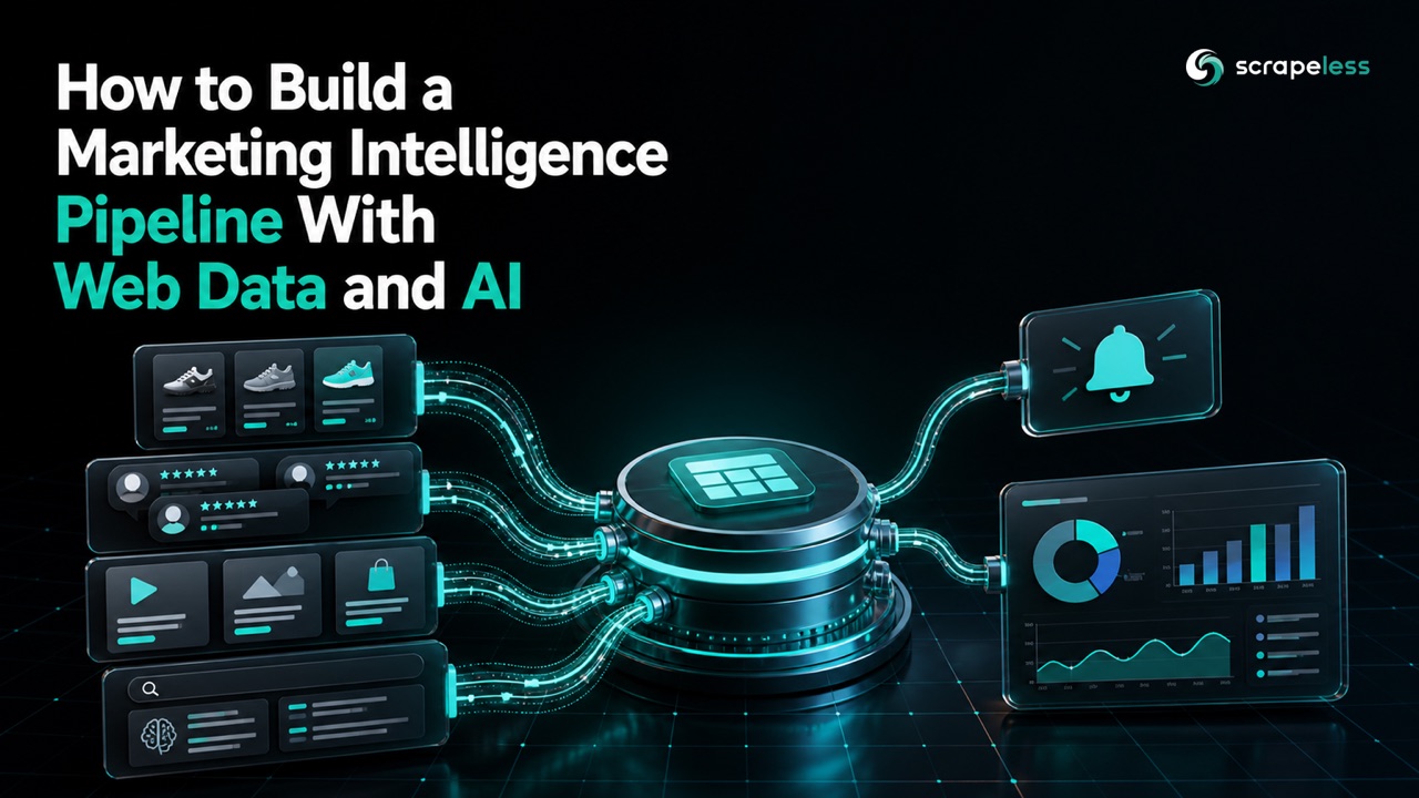 Marketing intelligence pipeline connecting public web data, AI analysis, alerts and weekly reports