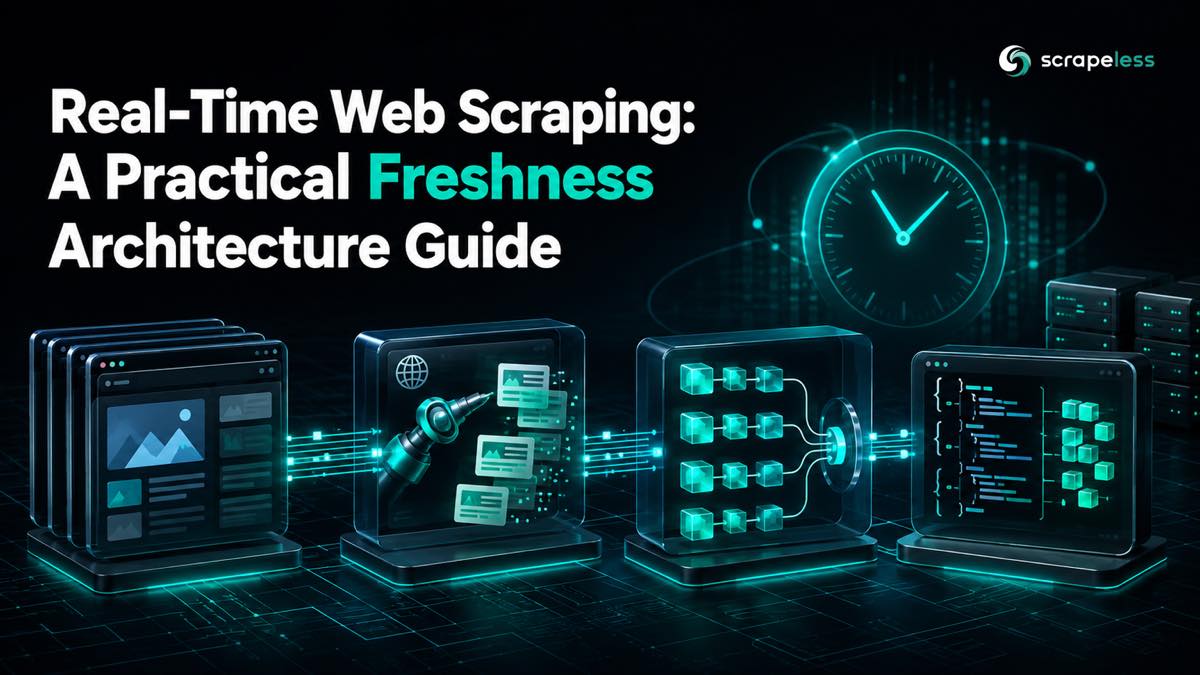 Real-time web scraping freshness architecture with browser sessions, event queue, clock, and structured output