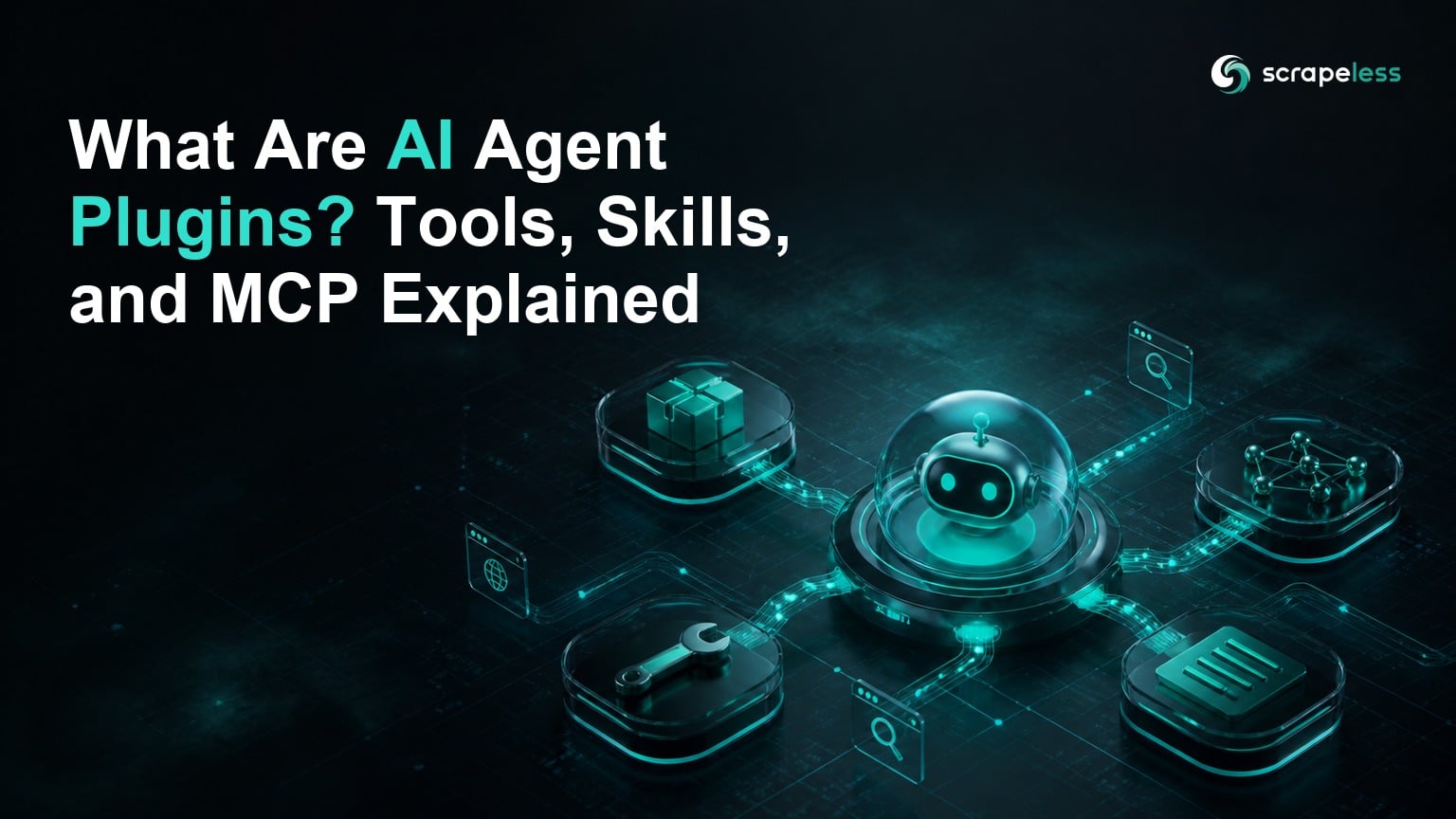 AI agent core connected to plugin, tool, skill, and MCP server modules